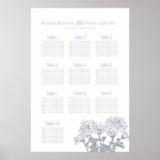 Trouw chrysanthemum wit getekende kunst tafelplan poster (Voorkant)