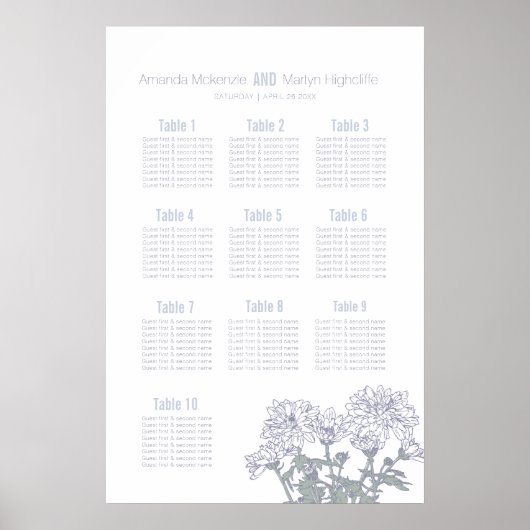 Trouw chrysanthemum wit getekende kunst tafelplan poster (Voorkant)