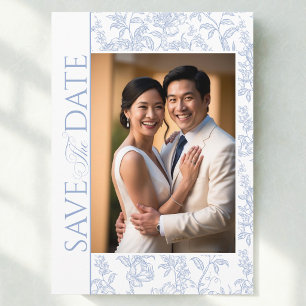 Trouw Crest Blauw Chinoiserie Bloemmotief Save The Date