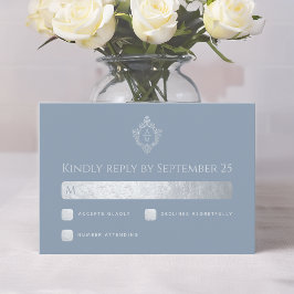 Trouw Crest Stof Blauw Monogram Neppe Zilverfolie RSVP Kaartje