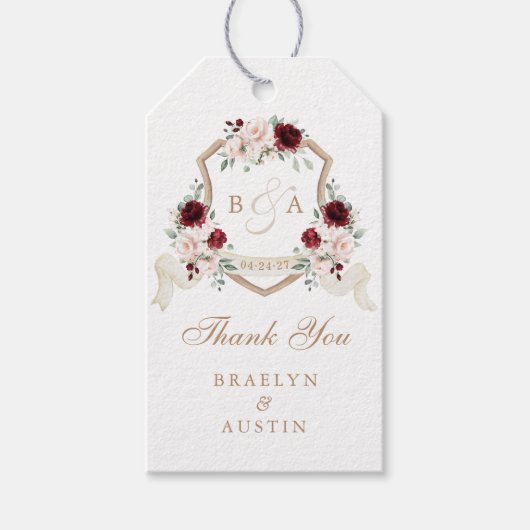 Trouw Dank Je Bloemige Roze Bourgondiër Kuif Cadeaulabel (Voorkant)