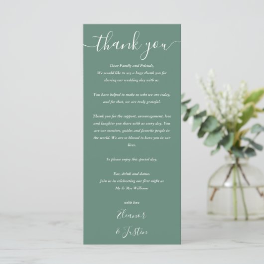 Trouw Dank Je Eucalyptus Groen Plaatskaart Menu (Staand voorkant)