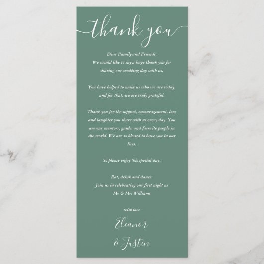Trouw Dank Je Eucalyptus Groen Plaatskaart Menu (Voorkant)