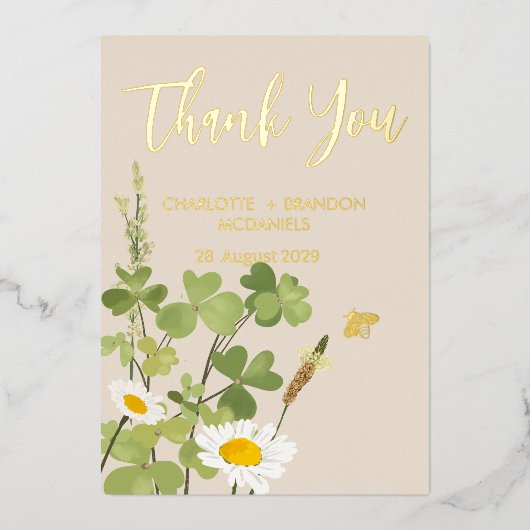 Trouw Dank Je Wildbloemen Goud Folie Uitnodiging (Voorkant)