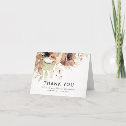 Trouw Dankjewel met Oude Waterverf Bloemen Bedankkaart (Voorkant)