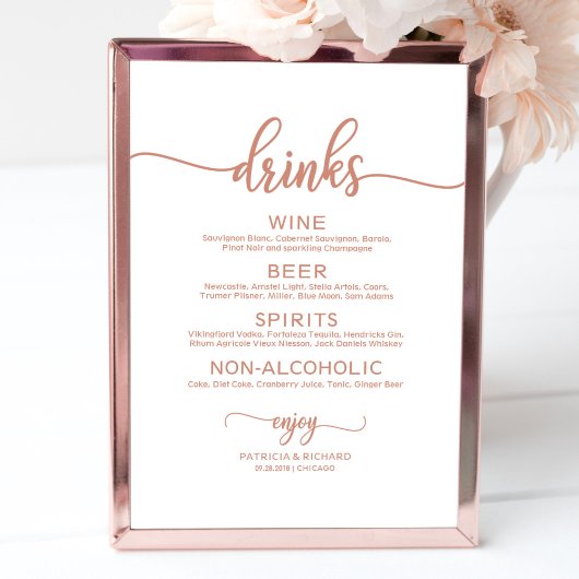 Trouw Drankenbar Menu Roze Goud Calligrafie Poster