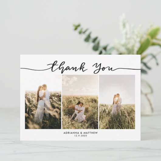Trouw Drie Foto's Elegante Dankjewel Script Bedankkaart (Staand voorkant)