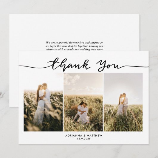 Trouw Drie Foto's Elegante Dankjewel Script Bedankkaart (Voorkant / Achterkant)