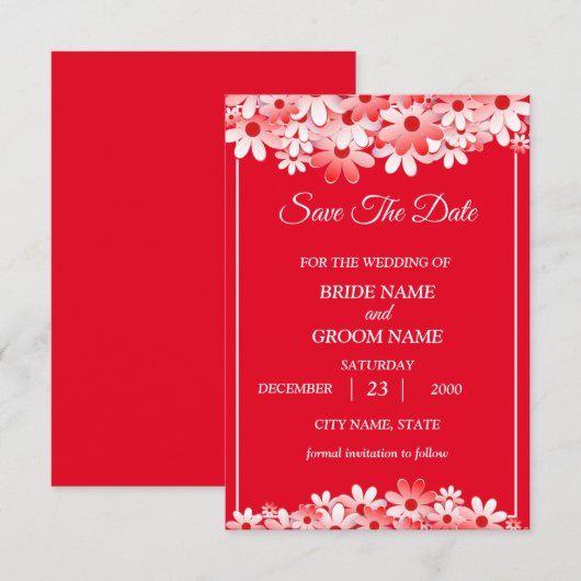 Trouw Elegante Rood Witte Bloemen Save The Date (Voorkant / Achterkant)