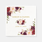 Trouw Elegante Waterverf Burgundy Bloem Goud Servet (Voorkant)