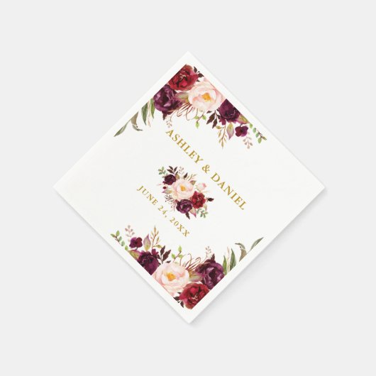 Trouw Elegante Waterverf Burgundy Bloem Goud Servet (Hoek)