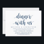 Trouw Elopement, Diner Met De Jonggehuwden Uitnodi Kaart<br><div class="desc">Moderne script in klasse Navy Blue thema,  elopement uitnodigingskaart (Diner Met Ons,  De Jonggehuwden). Het is perfect voor uw elopement informele trouwfeest aan het meer,  diner,  dansen en feest.</div>