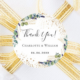 Trouw eucalyptus groen glinsterend dank je  ronde sticker