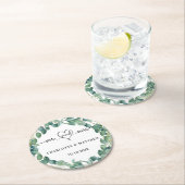 Trouw eucalyptus wit meneer mevrouw hart script ronde kartonnen onderzetter (Insitu)