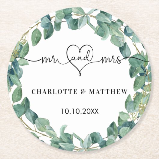 Trouw eucalyptus wit meneer mevrouw hart script ronde kartonnen onderzetter (Voorkant)