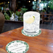 Trouw eucalyptus wit meneer mevrouw hart script ronde kartonnen onderzetter