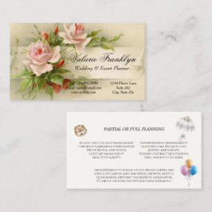 Trouw evenement planner met roze rozen in vintage visitekaartje