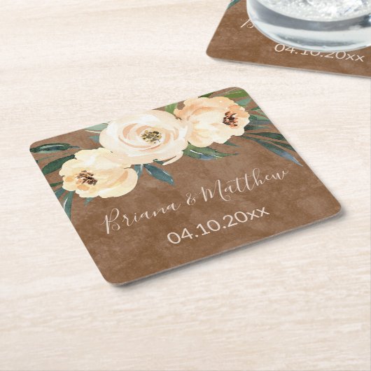 Trouw Florale Beige Bruin Kartonnen Onderzetters (Schuin)