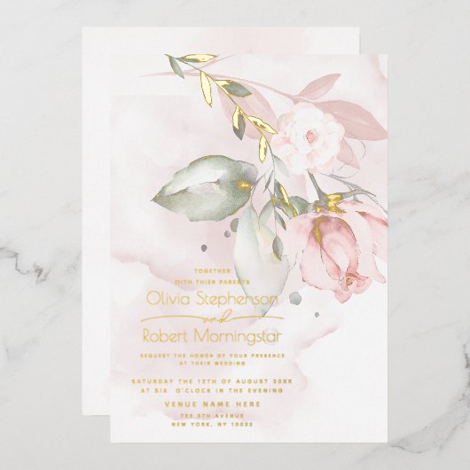 TROUW  | Folie Woodland Blush Roze Roos Uitnodiging (Voorkant / Achterkant)