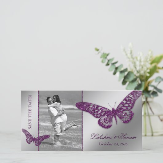Trouw Fotokaart Save the Date Vlinder Paars (Staand voorkant)
