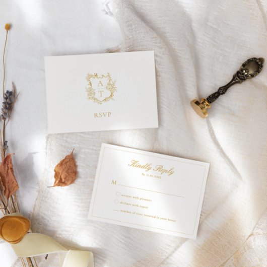 Trouw Gouden Script Wapenschild Monogram RSVP Kaar Kaart