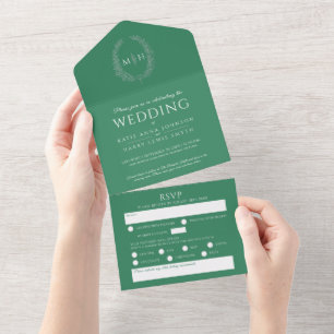 Trouw groen wit zilver ovaal bladeren monogram all in one uitnodiging