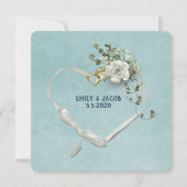 Trouw hart lint en ringen met rozenboeket kaart (Voorkant)