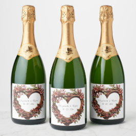 Trouw Hartkrans Mooie Rode Bloemen Sparkling Wijnetiket