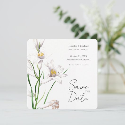 Trouw Huwelijk Minimalistische Calligrafie Bloem Save The Date (Staand voorkant)