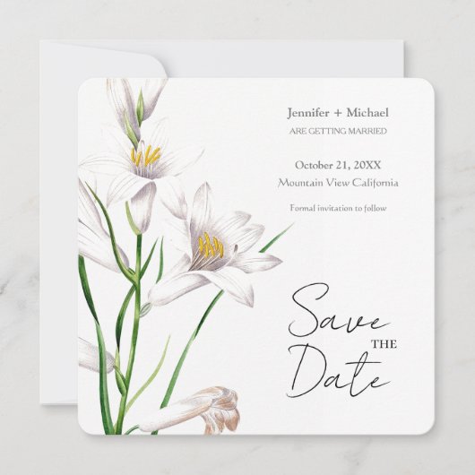 Trouw Huwelijk Minimalistische Calligrafie Bloem Save The Date (Voorkant)