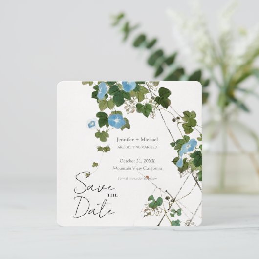 Trouw Huwelijk Minimalistische Calligrafie Bloem Save The Date (Staand voorkant)