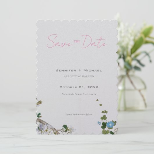 Trouw Huwelijk Minimalistische Calligrafie Bloemig Save The Date (Staand voorkant)