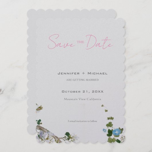 Trouw Huwelijk Minimalistische Calligrafie Bloemig Save The Date (Voorkant / Achterkant)