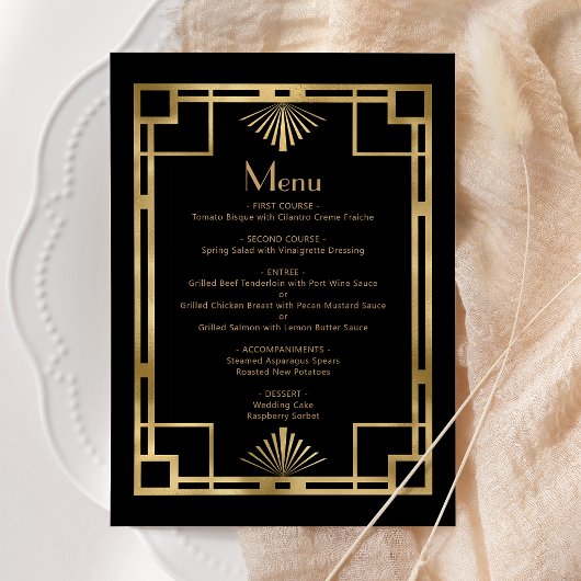 Trouw in art deco stijl met zwart gouden lijst uit menu