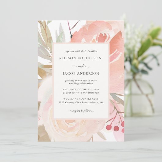 Trouw in Blush Roze Crème Perzik Salie Groen Kaart (Staand voorkant)