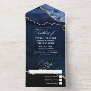 Trouw in Navy Blauwe en Gouden Agaten All In One Uitnodiging