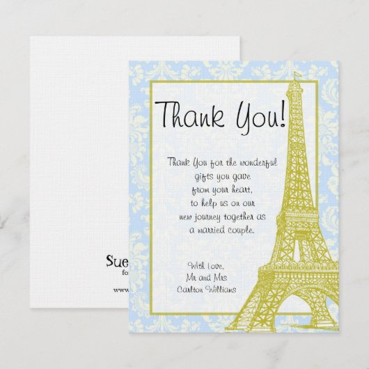 Trouw in Parijs Blauw Damast Vlakke Dankkaart Bedankkaart (Voorkant / Achterkant)