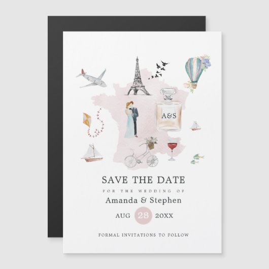 Trouw in Parijs Monogram Save the Date Magnetische Uitnodiging (Voorkant / Achterkant)