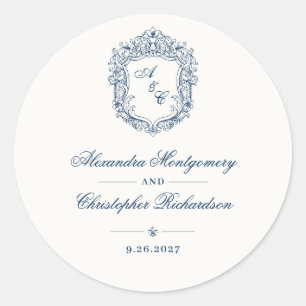 Trouw in vintage barokstijl met monogram en wapen ronde sticker