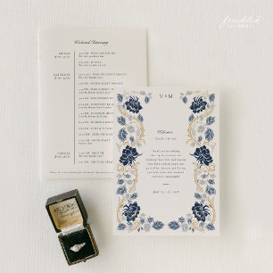 Trouw Itinerary met Navy Blauwe Bloemmotieven in A Kaart