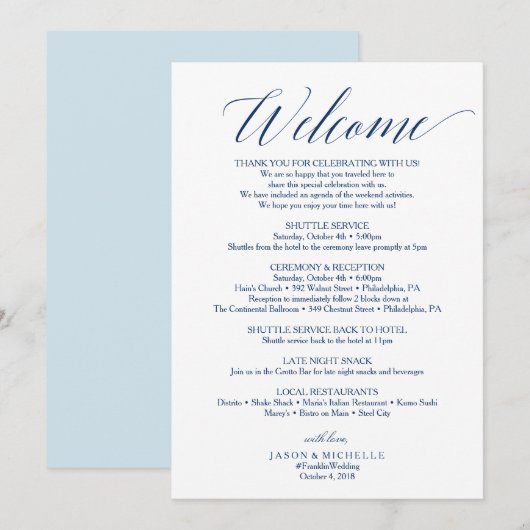 Trouw Itinerary Welkomstbrief Navy Script Programmakaart (Voorkant / Achterkant)