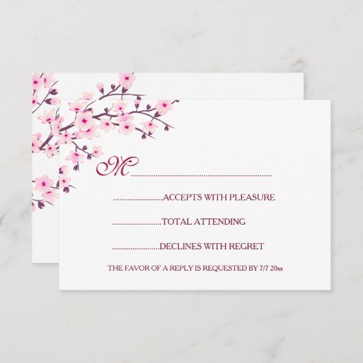 Trouw Kersenbloesem Roze Wit RSVP Kaart (Voorkant / Achterkant)