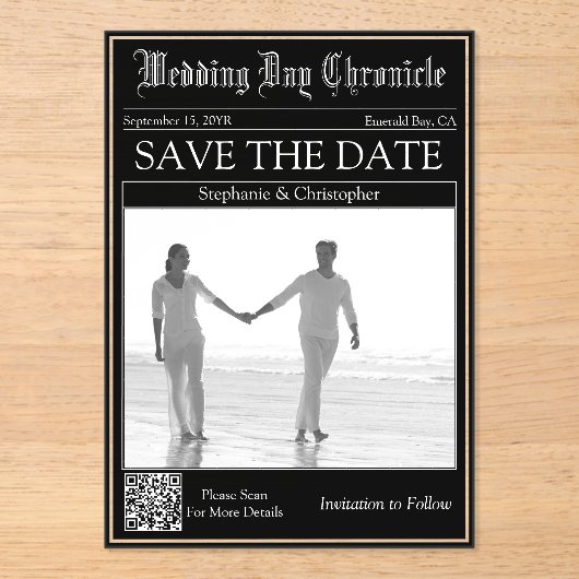 Trouw Krant QR code Acrylic Save the Date Acryl Uitnodigingen (Voorkant)