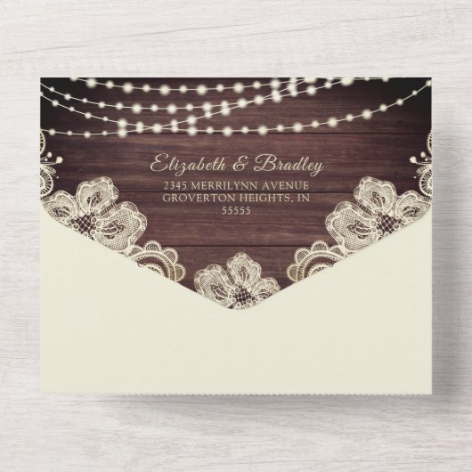 Trouw Landelijke Houten Slingerlichtjes Ivoorkleur All In One Uitnodiging (Achterkant)