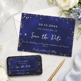 Trouw marineblauw goud glitters winter save the date