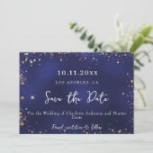 Trouw marineblauw goud glitters winter save the date (Staand voorkant)