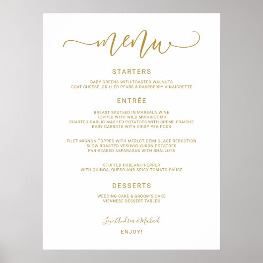 Trouw Menu Bord - Stuiterende Calligrafie (Goud) Poster (Voorkant)