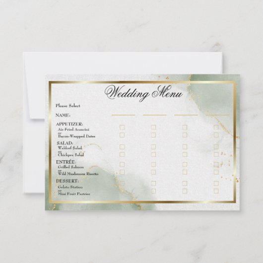 Trouw Menu Kaart Gedempte Saliegroen Goud Gemarmer (Achterkant)