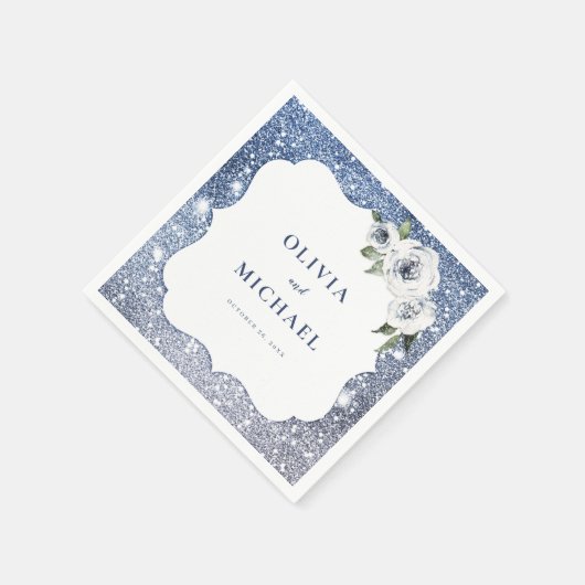 Trouw met blauwe glitters en bloemen servet (Hoek)