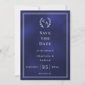 Trouw met blauwe monogram krans save the date (Voorkant)